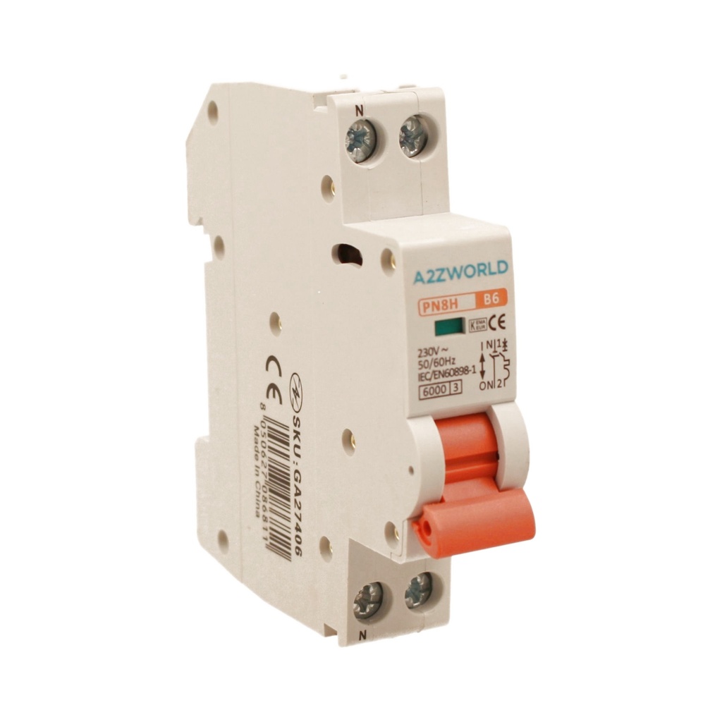 A2ZWORLD MCB Interruttore Magnetotermico Automatico Curva B 1P+N 1M 6000A AC 230V IP20 PN8H, Corrente Disponibili 6A 10A 16A 20A 25A 32A