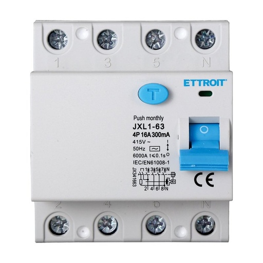 [JX341663] Interruttore Differenziale Puro 4P 16A 6kA 300mA 380V Salvavita Differenziale Occupa 4 Moduli DIN