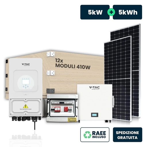 [KFV-105A05M] KIT Fotovoltaico Monofase 5kW con Inverter Ibrido, 12 Moduli 410W TIER-1 (4.9kW) Silver Frame con Accumulo LFP 5kWh e Quadro Combinato 1-1 AC-DC 5kW