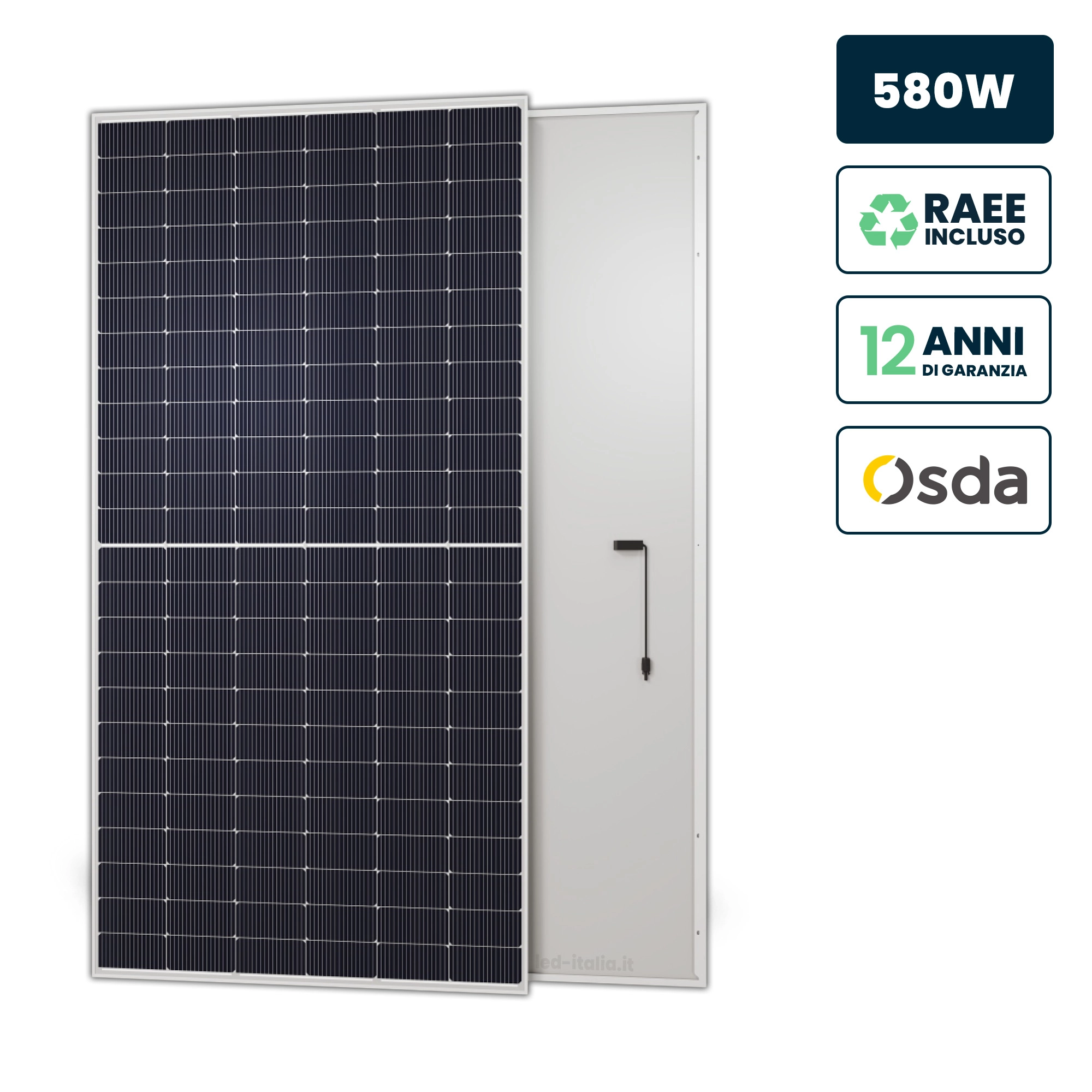 [FV12295] Pannello Solare Fotovoltaico Modulo 580W OSDA Solar TIER-1, Monocristallino N-Type TOPCon, Silver Frame IP67/IP68 2278x1134x35mm  12295