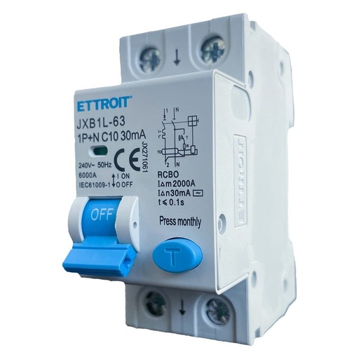 [JX271061] Interruttore Magnetotermico Differenziale 1P+N 10A 6KA 30mA 220V Occupa 2 Moduli DIN