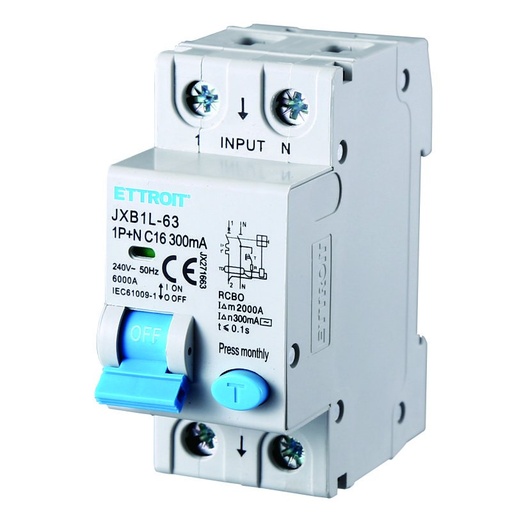 [JX271663] Interruttore Magnetotermico Differenziale 1P+N 16A 6KA 300mA 220V Occupa 2 Moduli DIN