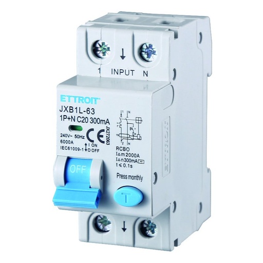 [JX272063] Interruttore Magnetotermico Differenziale 1P+N 20A 6KA 300mA 220V Occupa 2 Moduli DIN