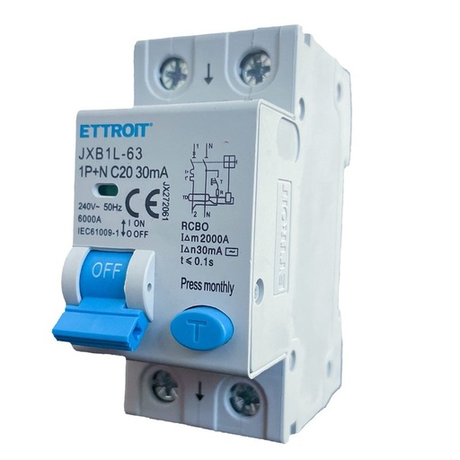 [JX272061] Interruttore Magnetotermico Differenziale 1P+N 20A 6KA 30mA 220V Occupa 2 Moduli DIN