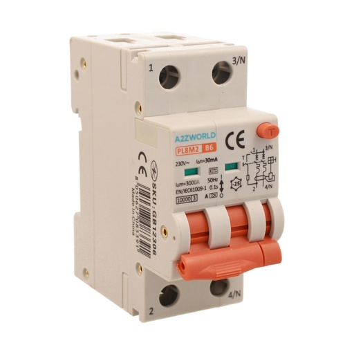 [GB12306] RCBO Interruttore Magnetotermico Differenziale con Doppia Leva Tipo A Curva B 2P 2M 6000A 30mA, Diagnostica Visiva, B6A  AC 230V IP20 PL8M2
