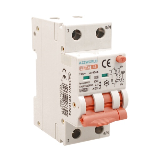 [GB12306] RCBO Interruttore Magnetotermico Differenziale con Doppia Leva Tipo A Curva B 2P 2M 6000A 30mA, Diagnostica Visiva, B6A  AC 230V IP20 PL8M2