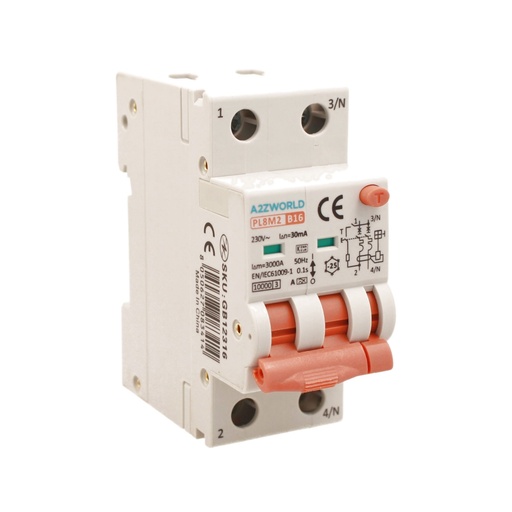 [GB12316] RCBO Interruttore Magnetotermico Differenziale Con Doppia Leva Tipo A Curva B 2P 2M 6000A 30mA, Diagnostica Visiva, B16A  AC 230V IP20 IEC61009-1 PL8M2