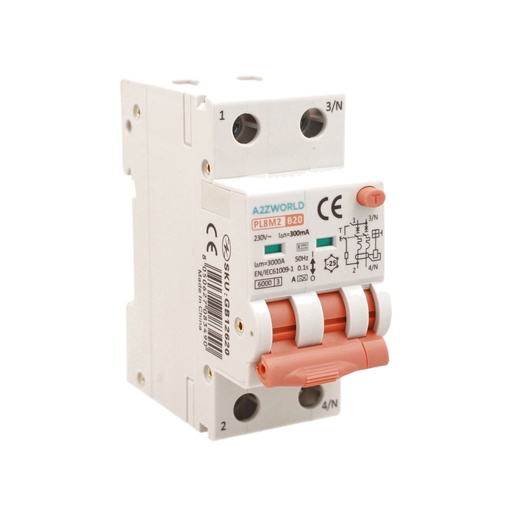 [GB12620] RCBO Interruttore Magnetotermico Differenziale Con Doppia Leva Tipo A Curva B 2P 2M 6000A 300mA, Diagnostica Visiva, B20A  AC 230V IP20 IEC61009-1 PL8M2