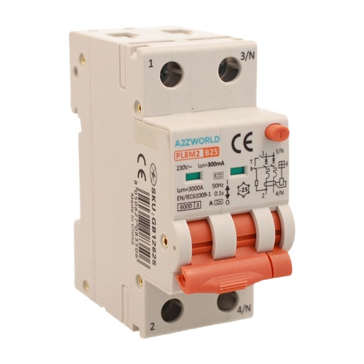 [GB12625] RCBO Interruttore Magnetotermico Differenziale Con Doppia Leva Tipo A - SI Curva B 2P 2M 6000A 300mA, Diagnostica Visiva, B25A  AC 230V IP20 IEC61009-1 PL8M2