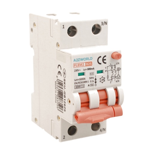 [GB12625] RCBO Interruttore Magnetotermico Differenziale Con Doppia Leva Tipo A Curva B 2P 2M 6000A 300mA, Diagnostica Visiva, B25A  AC 230V IP20 IEC61009-1 PL8M2