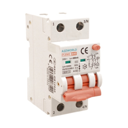[GB12640] RCBO Interruttore Magnetotermico Differenziale Con Doppia Leva Tipo A Curva B 2P 2M 6000A 300mA, Diagnostica Visiva, B40A  AC 230V IP20 IEC61009-1 PL8M2