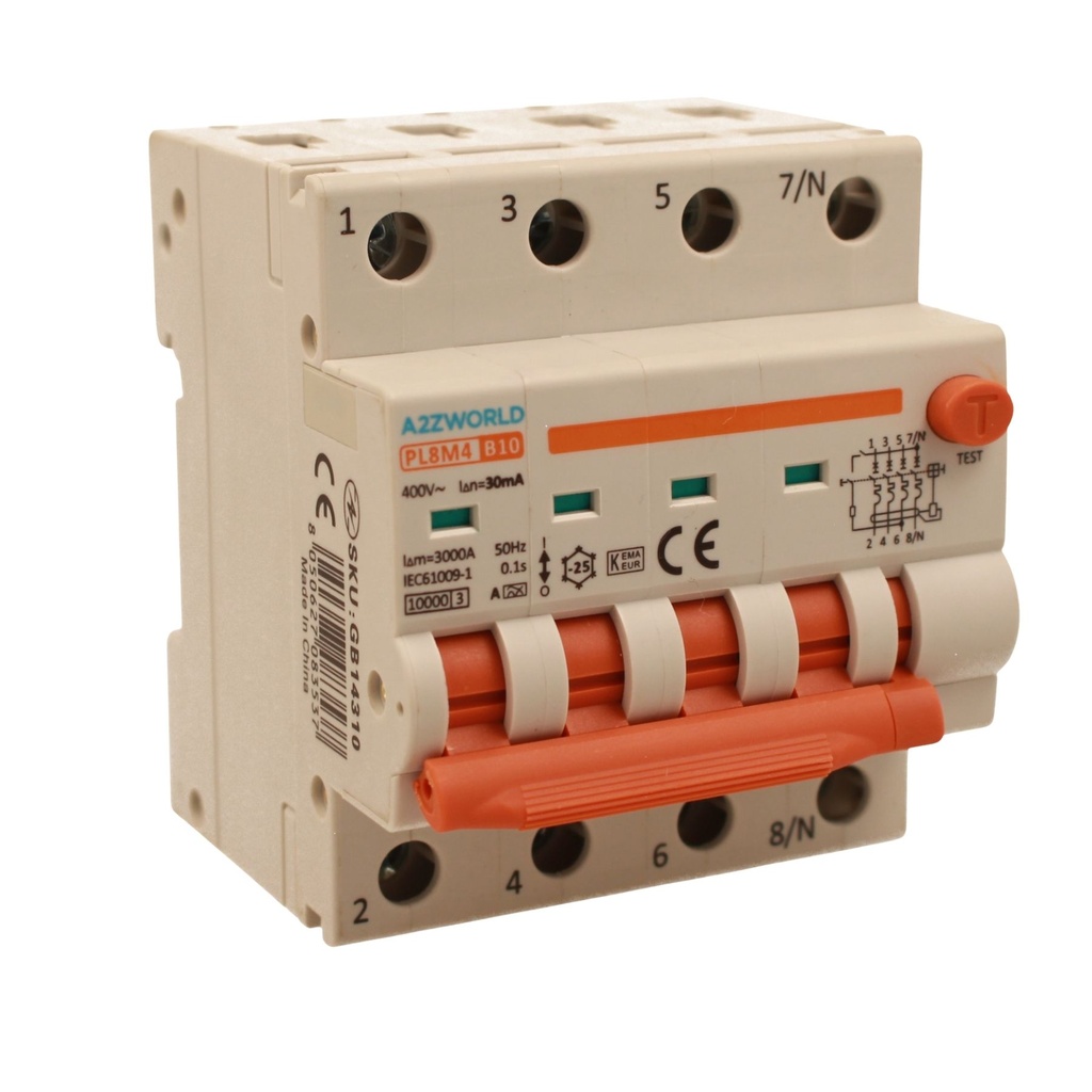 A2ZWORLD RCBO Interruttore Magnetotermico Differenziale Con Doppia Leva Tipo A - SI Curva B 4P 4M 6000A 30mA, Diagnostica Visiva, AC 400V IP20 IEC61009-1 PL8M4, Corrente Disponibili 10A 16A 20A 25A 32A 40A