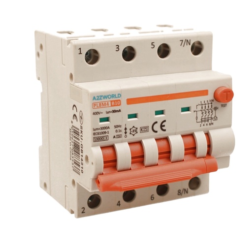 [GB14310] RCBO Interruttore Magnetotermico Differenziale Con Doppia Leva Tipo A Curva B 4P 4M 6000A 30mA, Diagnostica Visiva, B10A  AC 400V IP20 IEC61009-1 PL8M4 4P