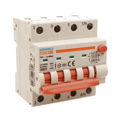 [GB14316] RCBO Interruttore Magnetotermico Differenziale Con Doppia Leva Tipo A Curva B 4P 4M 6000A 30mA, Diagnostica Visiva, B16A  AC 400V IP20 IEC61009-1 PL8M4 4P