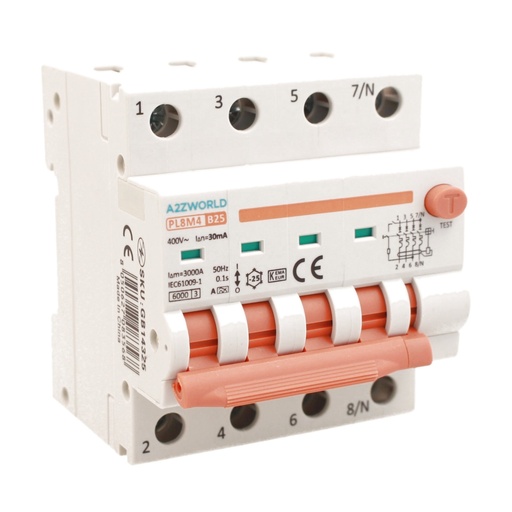[GB14325] RCBO Interruttore Magnetotermico Differenziale Con Doppia Leva Tipo A Curva B 4P 4M 6000A 30mA, Diagnostica Visiva, B25A  AC 400V IP20 IEC61009-1 PL8M4 4P