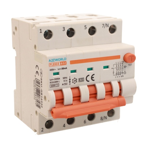 [GB14332] RCBO Interruttore Magnetotermico Differenziale Con Doppia Leva Tipo A Curva B 4P 4M 6000A 30mA, Diagnostica Visiva, B32A  AC 400V IP20 IEC61009-1 PL8M4 4P