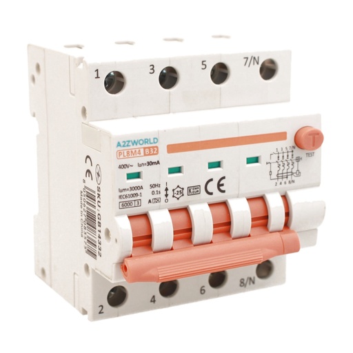 [GB14332] RCBO Interruttore Magnetotermico Differenziale Con Doppia Leva Tipo A Curva B 4P 4M 6000A 30mA, Diagnostica Visiva, B32A  AC 400V IP20 IEC61009-1 PL8M4 4P