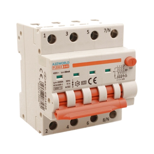 [GB14340] RCBO Interruttore Magnetotermico Differenziale Con Doppia Leva Tipo A Curva B 4P 4M 6000A 30mA, Diagnostica Visiva, B40A  AC 400V IP20 IEC61009-1 PL8M4 4P