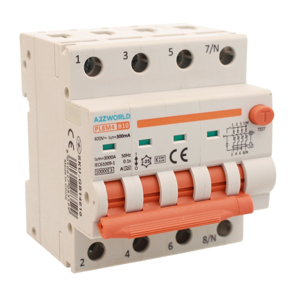 A2ZWORLD RCBO Interruttore Magnetotermico Differenziale Con Doppia Leva Tipo A - SI Curva B 4P 4M 6000A 300mA, Diagnostica Visiva, AC 400V IP20 IEC61009-1 PL8M4, Corrente Disponibili 10A 16A 20A 25A 32A 40A