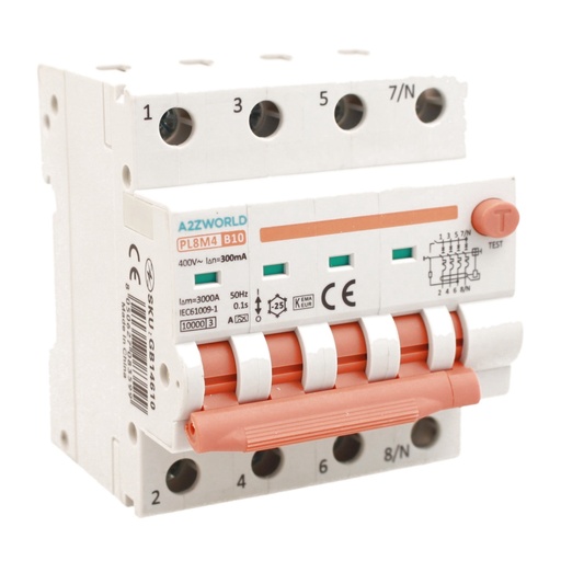 [GB14610] RCBO Interruttore Magnetotermico Differenziale Con Doppia Leva Tipo A Curva B 4P 4M 6000A 300mA, Diagnostica Visiva, B10A  AC 400V IP20 IEC61009-1 PL8M4 4P