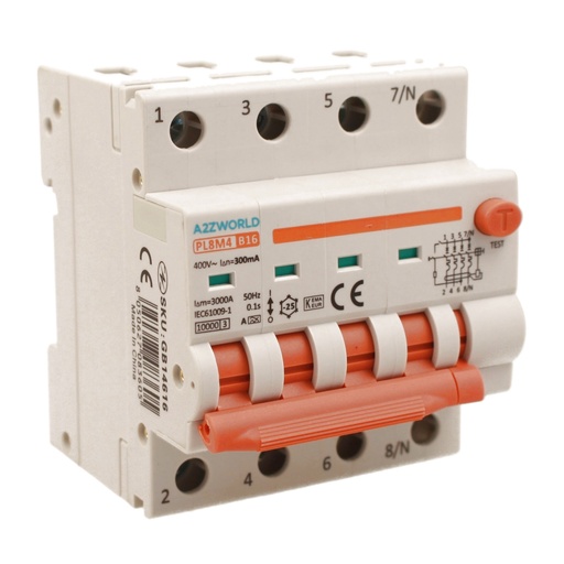 [GB14616] RCBO Interruttore Magnetotermico Differenziale Con Doppia Leva Tipo A Curva B 4P 4M 6000A 300mA, Diagnostica Visiva, B16A  AC 400V IP20 IEC61009-1 PL8M4 4P