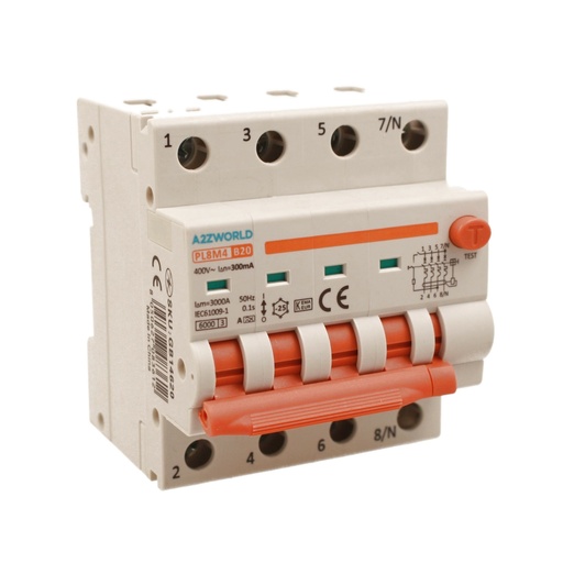 [GB14620] RCBO Interruttore Magnetotermico Differenziale Con Doppia Leva Tipo A Curva B 4P 4M 6000A 300mA, Diagnostica Visiva, B20A  AC 400V IP20 IEC61009-1 PL8M4 4P
