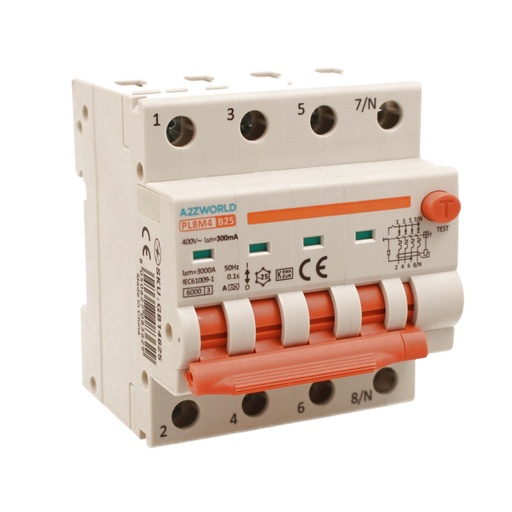 [GB14625] RCBO Interruttore Magnetotermico Differenziale Con Doppia Leva Tipo A Curva B 4P 4M 6000A 300mA, Diagnostica Visiva, B25A  AC 400V IP20 IEC61009-1 PL8M4 4P