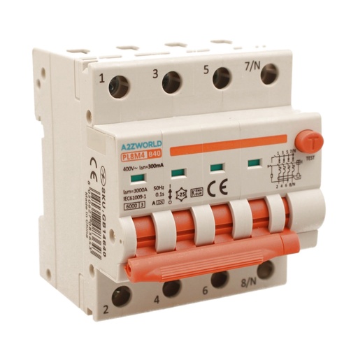 [GB14640] RCBO Interruttore Magnetotermico Differenziale Con Doppia Leva Tipo A Curva B 4P 4M 6000A 300mA, Diagnostica Visiva, B40A  AC 400V IP20 IEC61009-1 PL8M4 4P