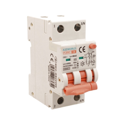 [GB22306] RCBO Interruttore Magnetotermico Differenziale Con Doppia Leva Tipo A Curva C 2P 2M 6000A 30mA, Diagnostica Visiva, C6A  AC 230V IP20 IEC61009-1 PL8M2