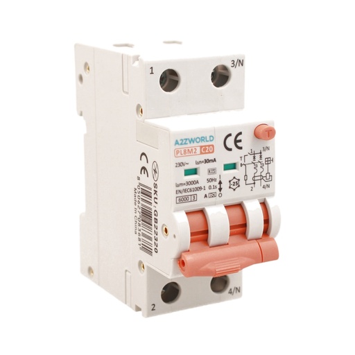 [GB22320] RCBO Interruttore Magnetotermico Differenziale Con Doppia Leva Tipo A Curva C 2P 2M 6000A 30mA, Diagnostica Visiva, C20A  AC 230V IP20 IEC61009-1 PL8M2
