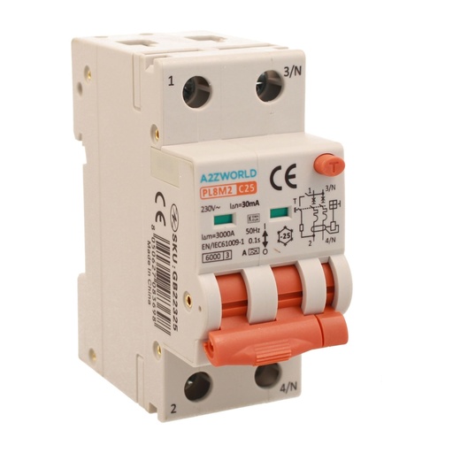 [GB22325] RCBO Interruttore Magnetotermico Differenziale Con Doppia Leva Tipo A Curva C 2P 2M 6000A 30mA, Diagnostica Visiva, C25A  AC 230V IP20 IEC61009-1 PL8M2 GB65325