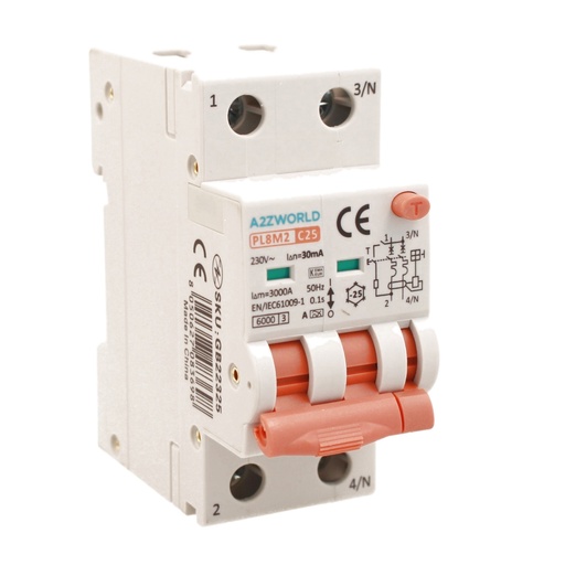 [GB22325] RCBO Interruttore Magnetotermico Differenziale Con Doppia Leva Tipo A Curva C 2P 2M 6000A 30mA, Diagnostica Visiva, C25A  AC 230V IP20 IEC61009-1 PL8M2