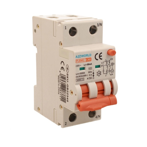 [GB22340] RCBO Interruttore Magnetotermico Differenziale Con Doppia Leva Tipo A Curva C 2P 2M 6000A 30mA, Diagnostica Visiva, C40A  AC 230V IP20 IEC61009-1 PL8M2 GB65340