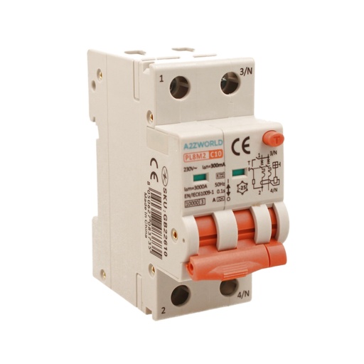 [GB22610] RCBO Interruttore Magnetotermico Differenziale Con Doppia Leva Tipo A Curva C 2P 2M 6000A 300mA, Diagnostica Visiva, C10A  AC 230V IP20 IEC61009-1 PL8M2 