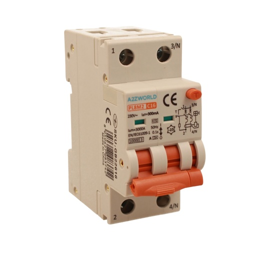 [GB22616] RCBO Interruttore Magnetotermico Differenziale Con Doppia Leva Tipo A - SI Curva C 2P 2M 6000A 300mA, Diagnostica Visiva, C16A  AC 230V IP20 IEC61009-1 PL8M2 
