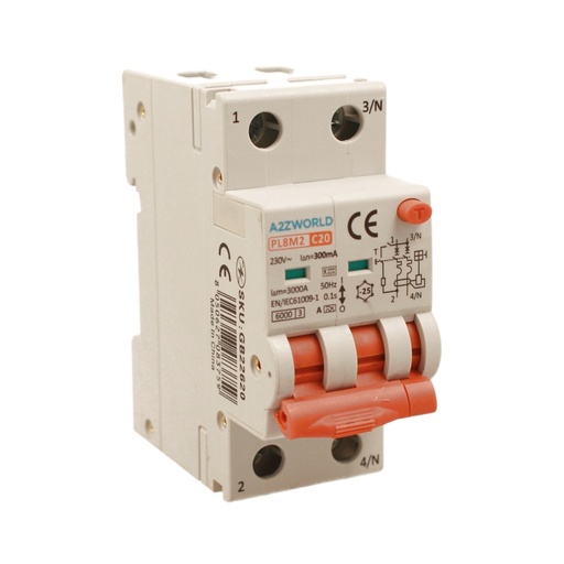 [GB22620] RCBO Interruttore Magnetotermico Differenziale Con Doppia Leva Tipo A Curva C 2P 2M 6000A 300mA, Diagnostica Visiva, C20A  AC 230V IP20 IEC61009-1 PL8M2 