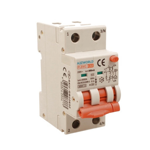 [GB22632] RCBO Interruttore Magnetotermico Differenziale Con Doppia Leva Tipo A Curva C 2P 2M 6000A 300mA, Diagnostica Visiva, C32A  AC 230V IP20 IEC61009-1 PL8M2 