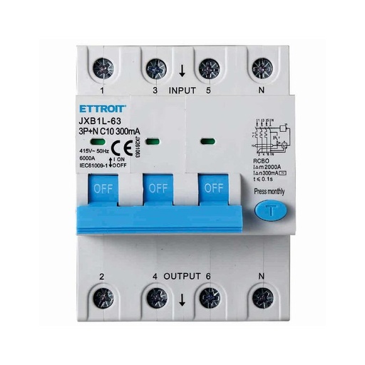[JX261063] Interruttore Magnetotermico Differenziale 3P+N 10A 6KA 300mA 380V Occupa 4 Moduli DIN