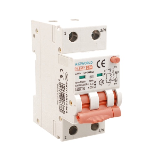 [GB22640] RCBO Interruttore Magnetotermico Differenziale Con Doppia Leva Tipo A Curva C 2P 2M 6000A 300mA, Diagnostica Visiva, C40A  AC 230V IP20 IEC61009-1 PL8M2 