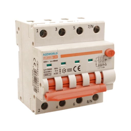 [GB24320] RCBO Interruttore Magnetotermico Differenziale Con Doppia Leva Tipo A Curva C 4P 4M 6000A 30mA, Diagnostica Visiva, C20A  AC 400V IP20 IEC61009-1 PL8M4 4P 