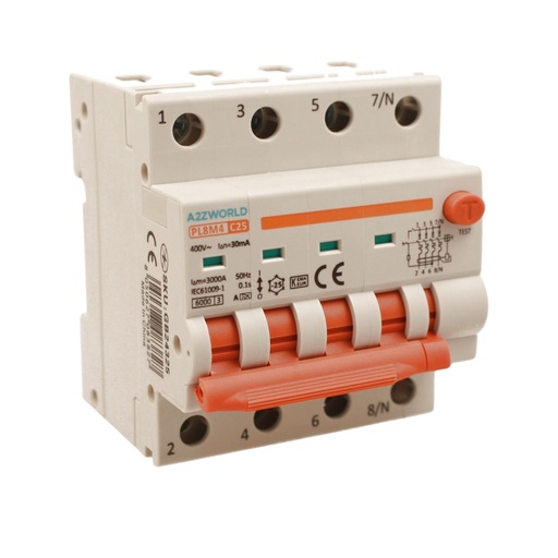 [GB24325] RCBO Interruttore Magnetotermico Differenziale Con Doppia Leva Tipo A Curva C 4P 4M 6000A 30mA, Diagnostica Visiva, C25A  AC 400V IP20 IEC61009-1 PL8M4 4P 