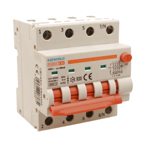 [GB24332] RCBO Interruttore Magnetotermico Differenziale Con Doppia Leva Tipo A Curva C 4P 4M 6000A 30mA, Diagnostica Visiva, C32A  AC 400V IP20 IEC61009-1 PL8M4 4P 