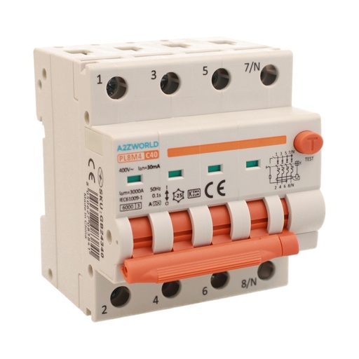 [GB24340] RCBO Interruttore Magnetotermico Differenziale Con Doppia Leva Tipo A - SI Curva C 4P 4M 6000A 30mA, Diagnostica Visiva, C40A  AC 400V IP20 IEC61009-1 PL8M4 4P 