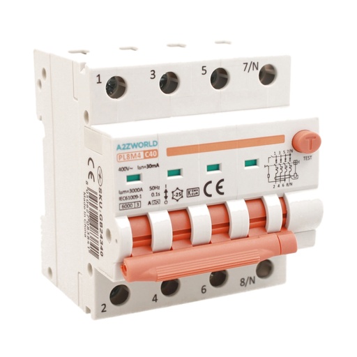 [GB24340] RCBO Interruttore Magnetotermico Differenziale Con Doppia Leva Tipo A Curva C 4P 4M 6000A 30mA, Diagnostica Visiva, C40A  AC 400V IP20 IEC61009-1 PL8M4 4P 