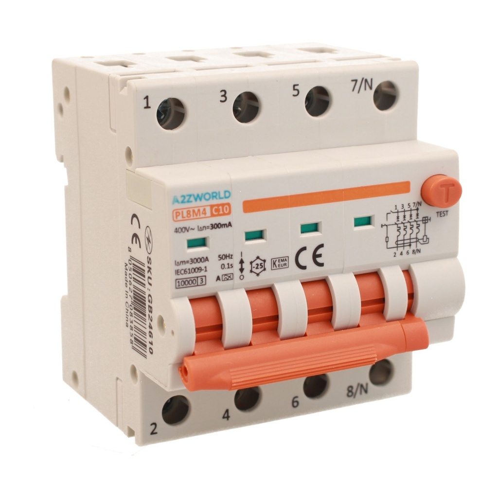 A2ZWORLD RCBO Interruttore Magnetotermico Differenziale Con Doppia Leva Tipo A - SI Curva C 4P 4M 6000A 300mA, Diagnostica Visiva, AC 400V IP20 IEC61009-1 PL8M4, Corrente Disponibili 10A 16A 20A 25A 32A 40A