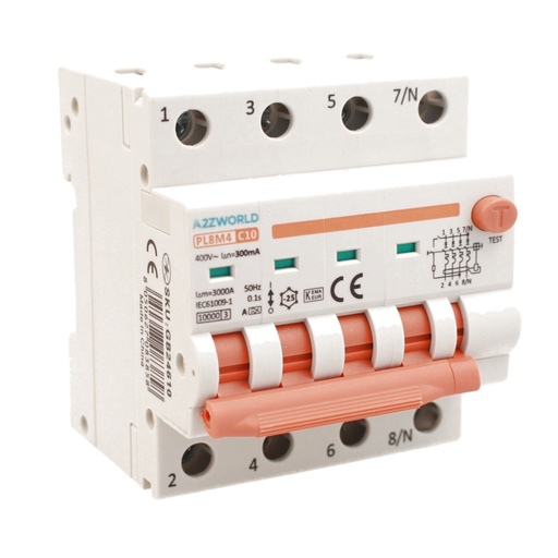 [GB24610] RCBO Interruttore Magnetotermico Differenziale Con Doppia Leva Tipo A Curva C 4P 4M 6000A 300mA, Diagnostica Visiva, C10A  AC 400V IP20 IEC61009-1 PL8M4 4P 