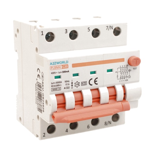 [GB24620] RCBO Interruttore Magnetotermico Differenziale Con Doppia Leva Tipo A Curva C 4P 4M 6000A 300mA, Diagnostica Visiva, C20A  AC 400V IP20 IEC61009-1 PL8M4 4P 