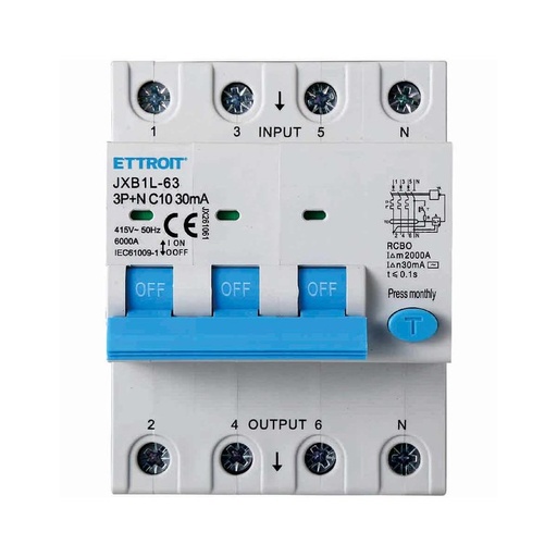 [JX261061] Interruttore Magnetotermico Differenziale 3P+N 10A 6KA 30mA 380V Occupa 4 Moduli DIN