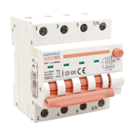 [GB24625] RCBO Interruttore Magnetotermico Differenziale Con Doppia Leva Tipo A Curva C 4P 4M 6000A 300mA, Diagnostica Visiva, C25A  AC 400V IP20 IEC61009-1 PL8M4 4P 