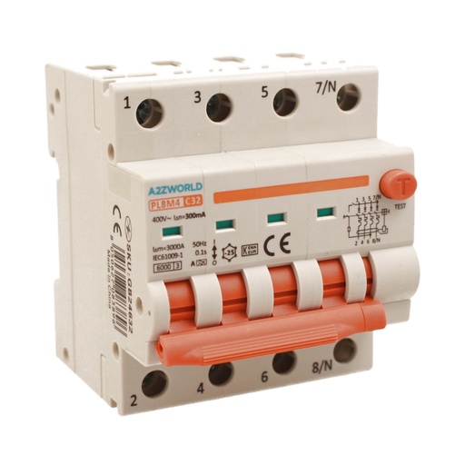 [GB24632] RCBO Interruttore Magnetotermico Differenziale Con Doppia Leva Tipo A Curva C 4P 4M 6000A 300mA, Diagnostica Visiva, C32A  AC 400V IP20 IEC61009-1 PL8M4 4P 